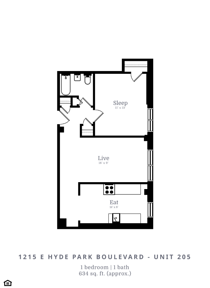 Floor plan for 1 bed, 1 bath, 615 sqft
